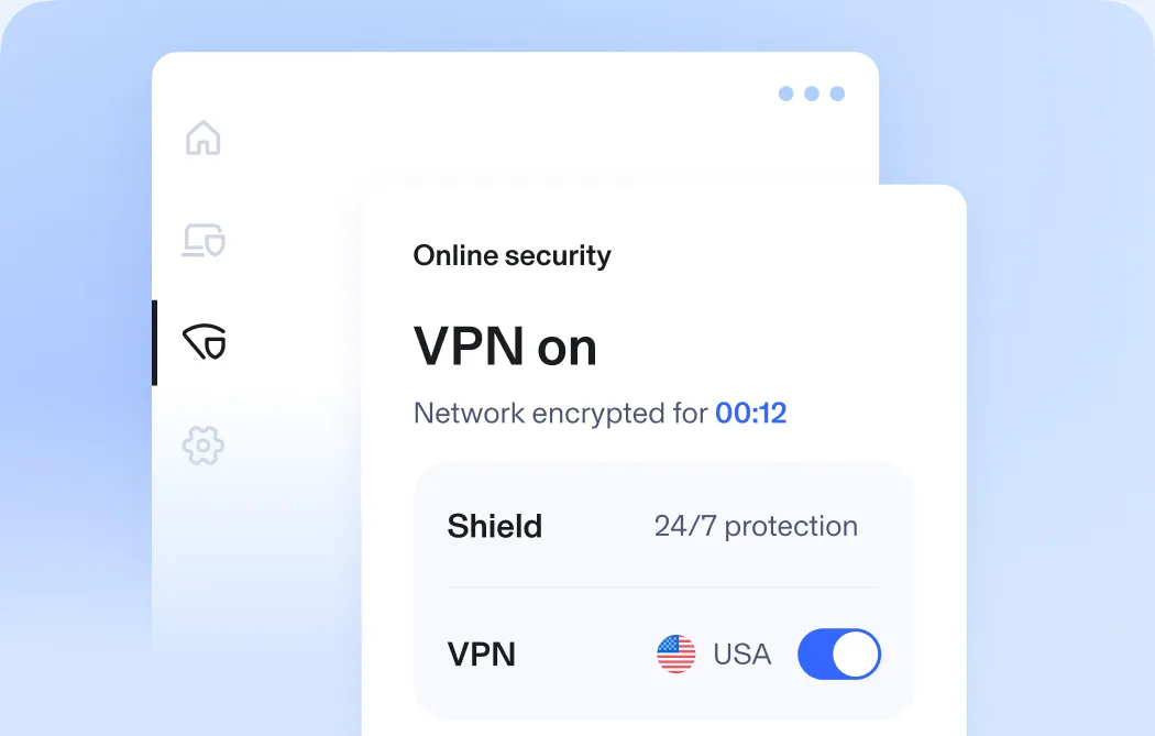 Aura VPN UX showing that the VPN is on using a server in the USA and network activity has been encrypted for 12 seconds.